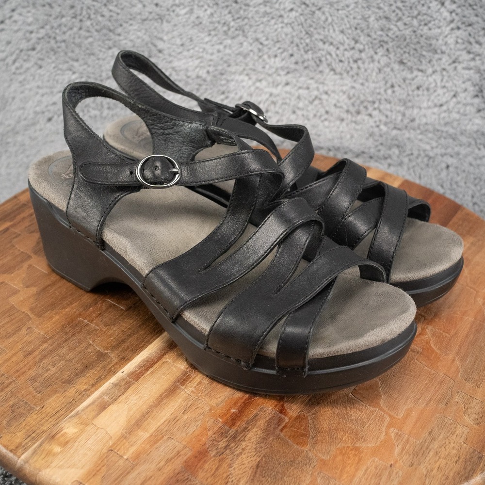 Dansko Stevie Crisscross Black Wedge Sandals Women Sz 40 / 9.5 Leather Buckle